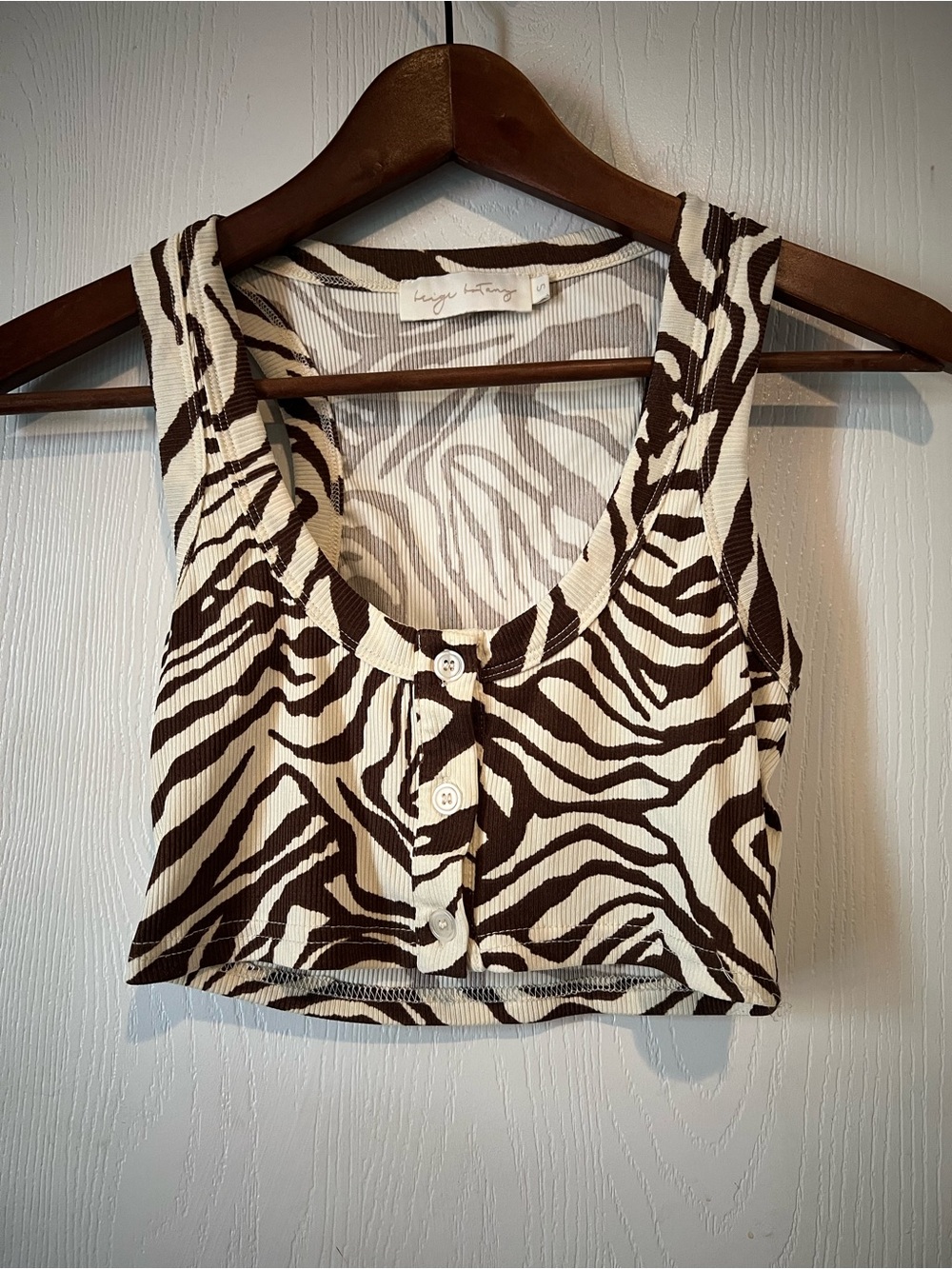 Beige Botany Brown Zebra Print Ribbed Tank Crop Top Women Size Small